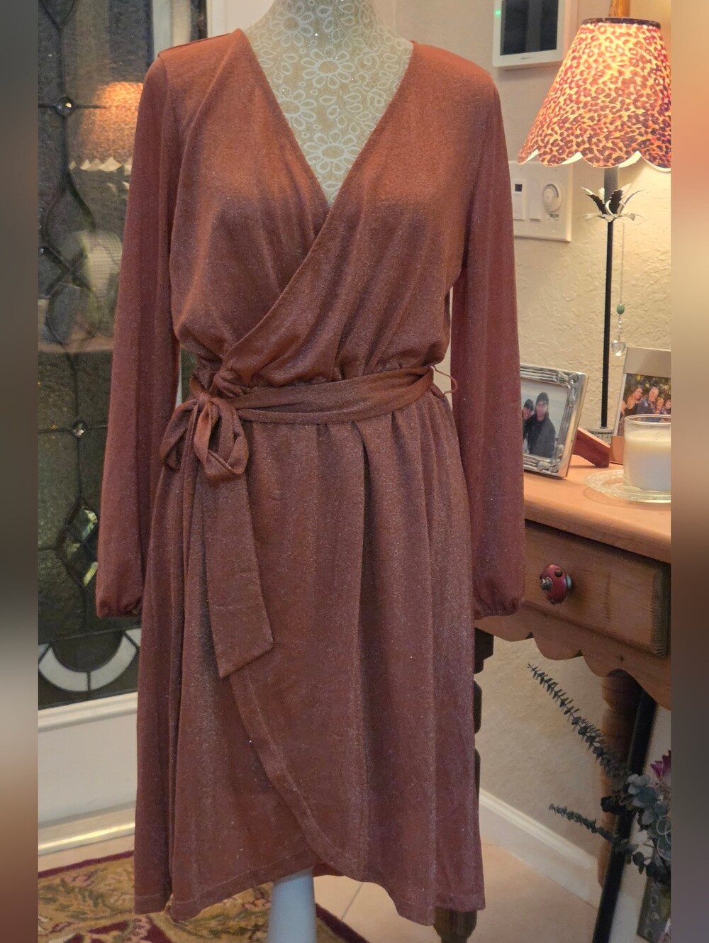 Halogen Sparkle Long Sleeve Faux Wrap Dress - size M